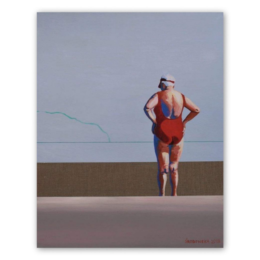 In a red bathing suit