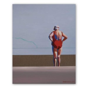 In a red bathing suit